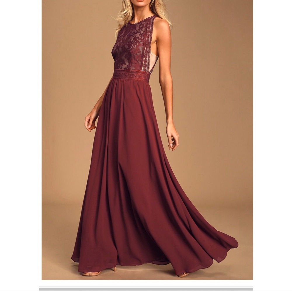 Lulus Burgundy Lace Maxi Dress, Size Medium